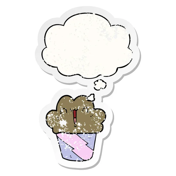 Cartoon-Cupcake mit Gesicht und Gedankenblase als notleidende Wor — Stockvektor