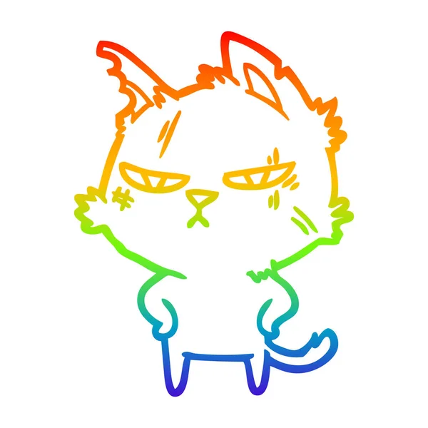 Rainbow gradient linje ritning tuff tecknad katt — Stock vektor