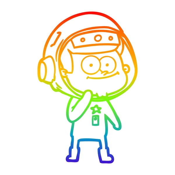 Rainbow gradient line drawing happy astronaut cartoon — Stock Vector