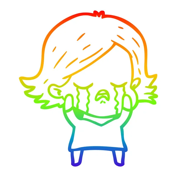 Rainbow gradient line drawing cartoon girl crying — Stock Vector