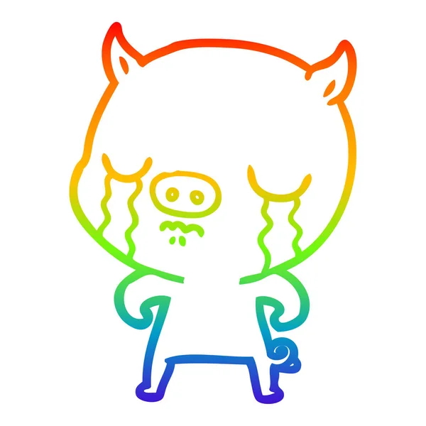 Rainbow gradient line drawing cartoon pig crying — Stock Vector