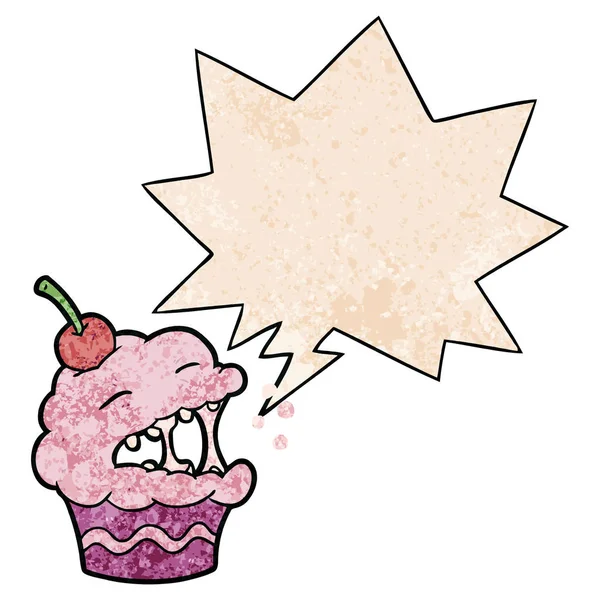 Cupcake dessin animé drôle et bulle de parole dans le style de texture rétro — Image vectorielle