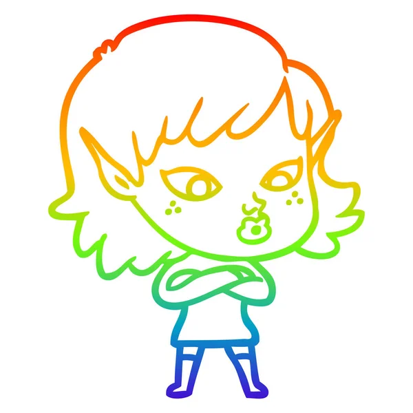 Arco-íris linha gradiente desenho bonito desenho animado elfo menina — Vetor de Stock