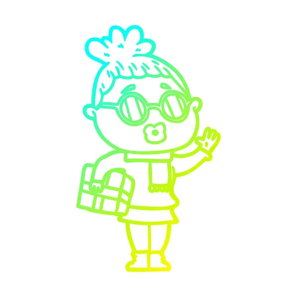 Studená přechodová linie kresba kreslená žena nosit sluneční brýle — Stockový vektor