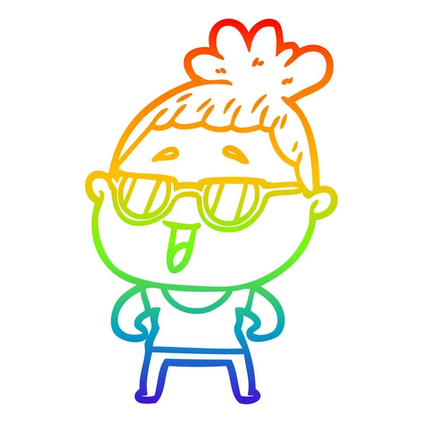 Regenboog gradiënt lijntekening cartoon gelukkige vrouw dragen omhoog — Stockvector