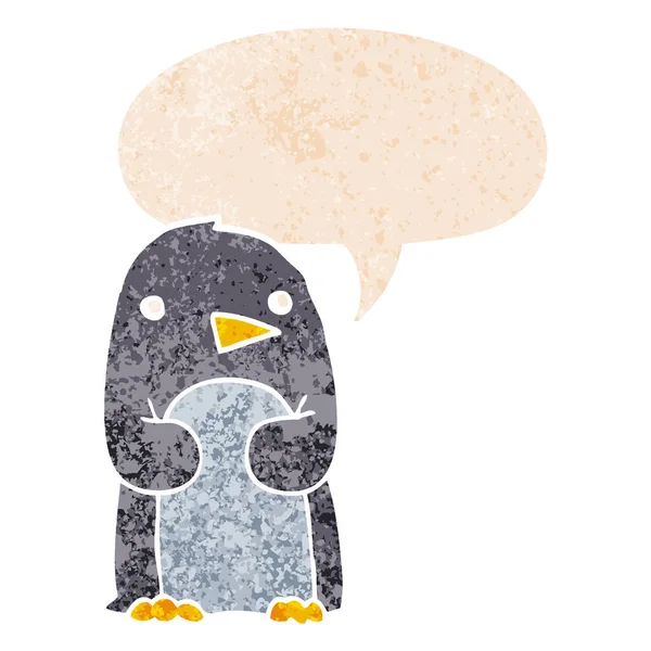 Pinguim dos desenhos animados e bolha de fala em estilo retro texturizado — Vetor de Stock