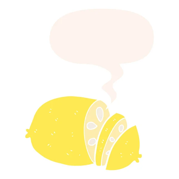 Dibujos animados en rodajas de limón y burbuja del habla en estilo retro — Vector de stock