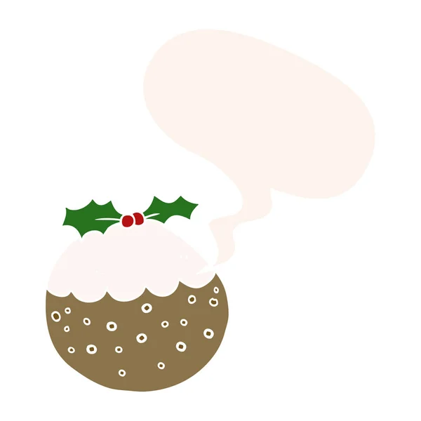 Cartoon christmas pudding and speech bubble in retro style — Stock Vector