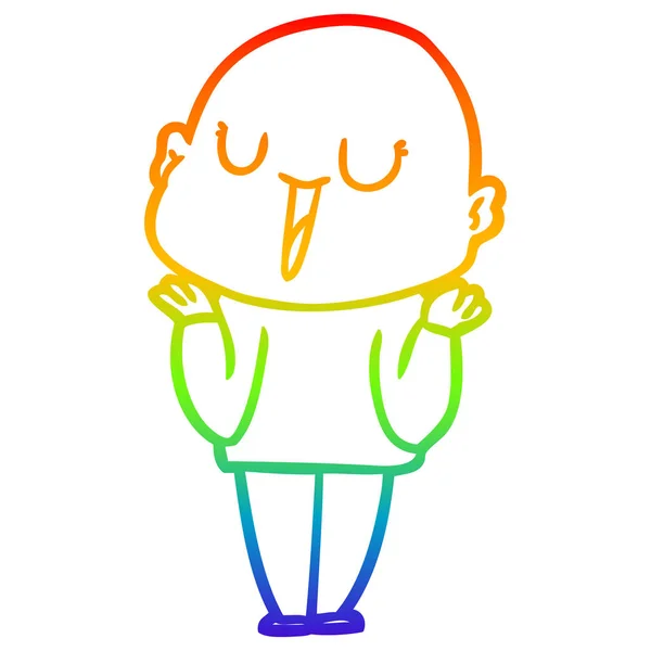 Rainbow gradient line drawing happy cartoon bald man shrugging s — Stock Vector