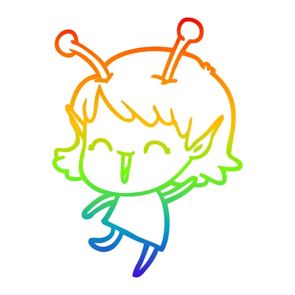 Regenboog gradiënt lijntekening cartoon Alien meisje lachen — Stockvector