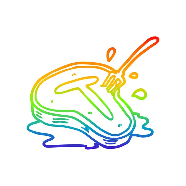 Linha gradiente arco-íris desenho cozido bife e garfo — Vetor de Stock