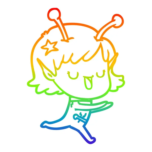 Linea gradiente arcobaleno disegno felice ragazza aliena cartone animato — Vettoriale Stock