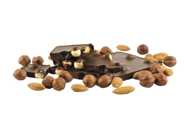 Mendal Nocciole Con Cioccolato Fondo Bianco Foto Isolate — Foto Stock
