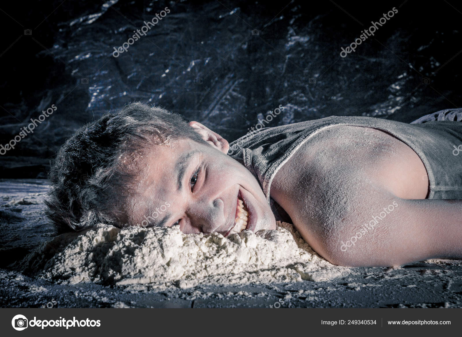 Happy Korean Guy Lying Floor Soiled Face White Powder Black