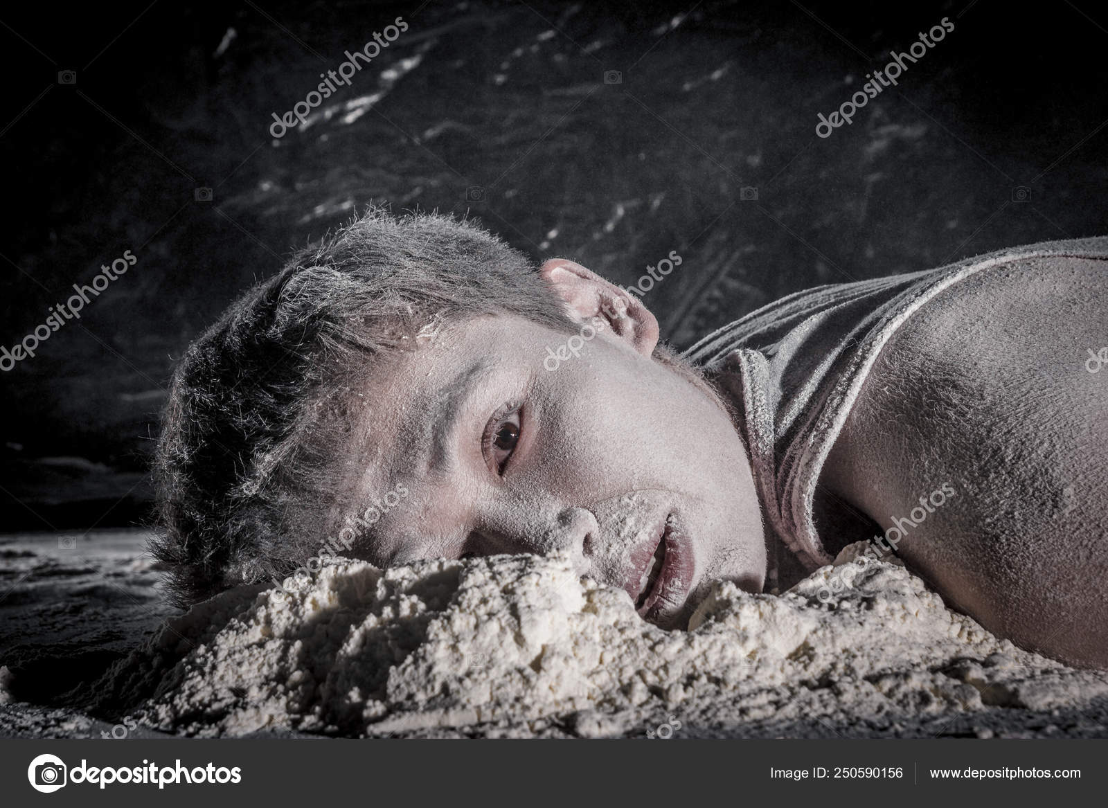 Alienated Vietnamese Guy Lying Floor Soiled Face White Powder