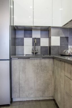 Modern ev iç mutfak dekor öğeleri gri ile set çimento ve lüks mobilyalar segmentlerinin aletleri ve buzdolabı ile daire boş