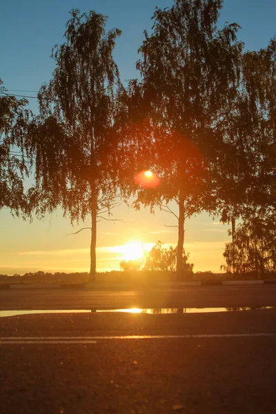 Прекрасный Глубокий Утренний Рассвет Яркими Оранжевыми Лучами Летнего Солнца Дороге — стоковое фото