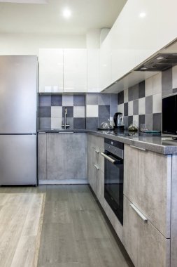 Modern ev iç mutfak dekor öğeleri gri ile set çimento ve lüks mobilyalar segmentlerinin aletleri ve buzdolabı ile daire boş