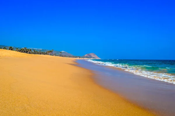 Wild Empty Tropical Spiaggia Vibrante Sabbia Gialla Cielo Blu Brillante — Foto Stock