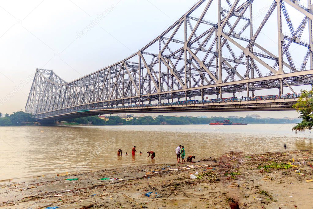 View of historic Second Howrah Bridge on Hooghly river Kolkata India