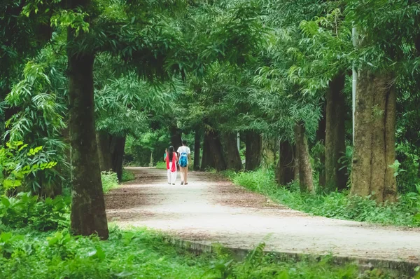 Ritratto Due Giovani Amanti Gioiosi Passeggiata Coppia Verde Parco Autunnale — Foto Stock