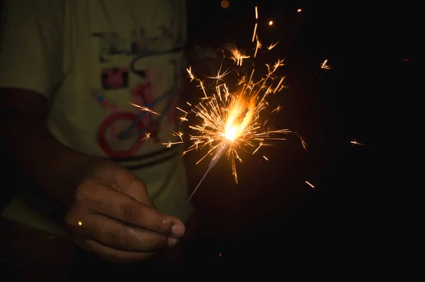 Concentration Sélective Feux Artifice Feu Artifice Vacances Dans Nuit Firecracker — Photo