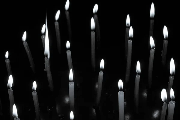 Many Christmas Candles Burning Night Black Background Candle Flame Set — Stock Photo, Image