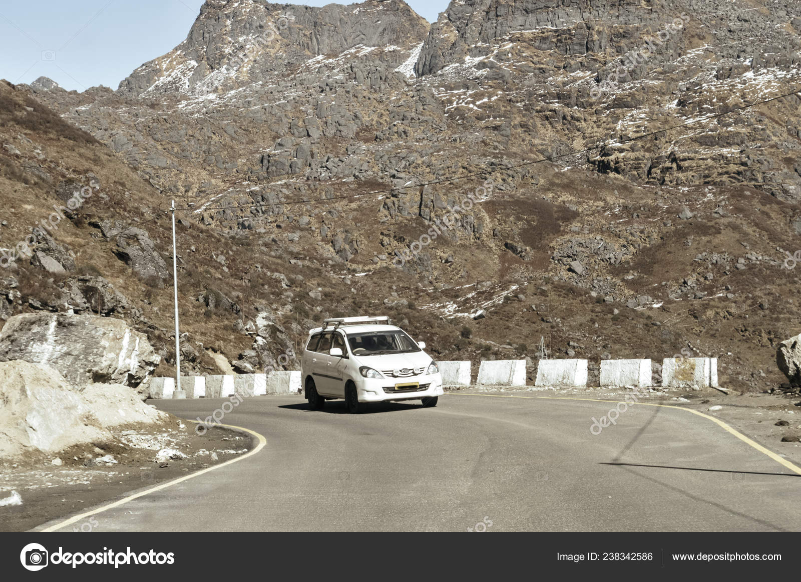 Car Traveling Downhill Curved Mountain Roads Vehicle Driving