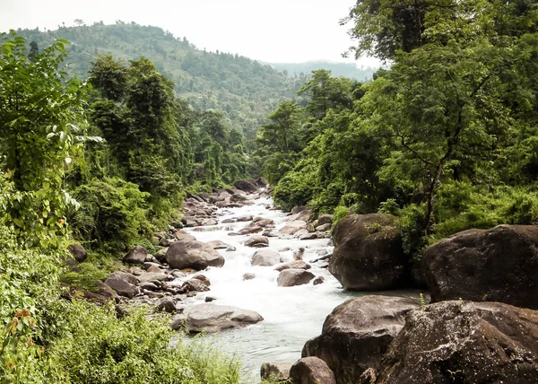 Main biflod till floden Teesta, den Rangit floden flyter genom en tät orörd djungel i nordöstra Rangpo Chu på Rangpo bosättning strax före Teesta Bridge vid ingången till East Sikkim. — Stockfoto