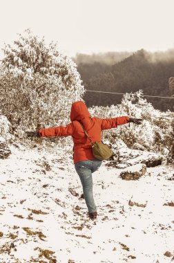 Ormanda aktif nordik yürüyüş yapan enerjik kadının geri görünümü. Genç bayan hızlı adım ve kış doğa açık havada yol yolda dengeleme ve sağlıklı yaşam tarzı gösteren