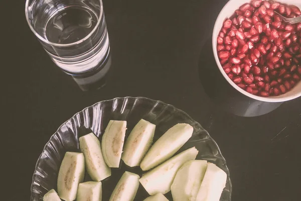 Top view of Delicious breakfast on table. Table with food as breakfast isolated on grey background. Best Fruits for Breakfast low in calories and high nutritious. Eat Your Fruit in the Morning.