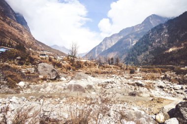 Resimli dağ vadisi manzarası bir yaz sabahı panoramik manzarası.