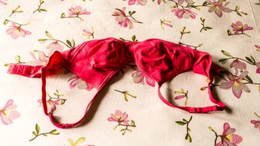 Sabah çarşafında kırmızı sütyen. Pencereden güneş ışığı. Romantik tutkulu kadın iç çamaşırı. Seksi moda geçmişi. Durgun hayat.