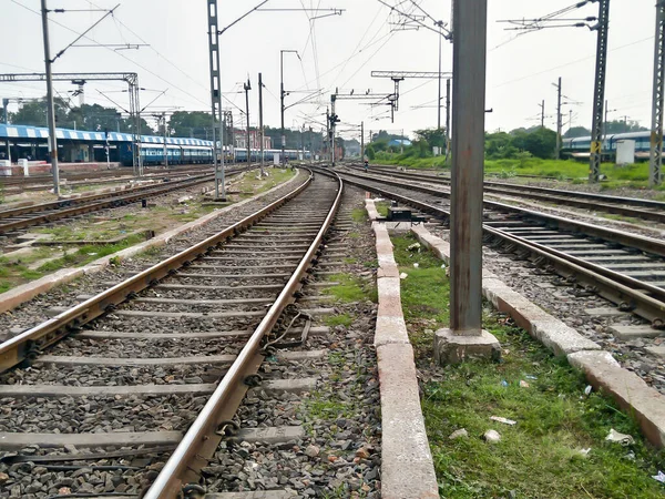 Close Indian Railway Tracks Low Angel View Rails Sleepers Railway — Stock Photo, Image
