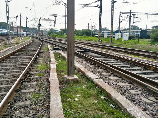 Close Indian Railway Tracks Low Angel View Rails Sleepers Railway — Stock Photo, Image