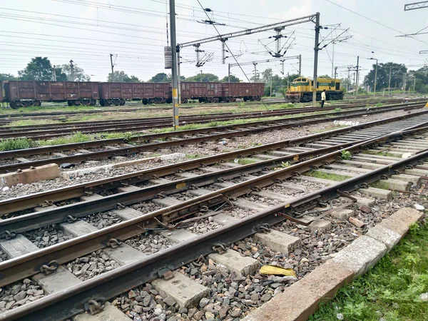 Close Indian Railway Tracks Low Angel View Rails Sleepers Railway — Foto Stock