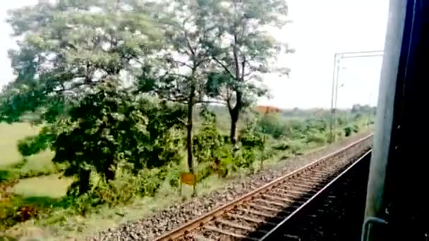 在绿树成荫的风景中 印度铁路在铁路轨道上运行 从客车的侧面看 Kolkaghat West Bengal India South Asia Pac — 图库视频影像