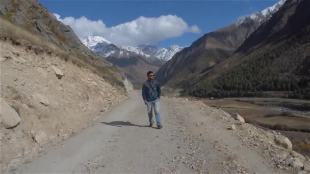 Framsidan Senior Man Hiker Resenär Turist Promenader Ensam Bergsvägen Sommaren — Stockvideo