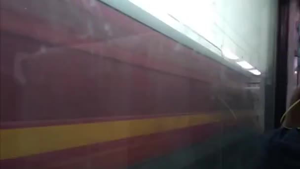 2本の高速超高速列車が逆方向に交差している 窓からの列車の旅中に撮影された写真シートビュー160キロ 時の速度で走っているGatimaan Expressから列車の窓の外を見る — ストック動画