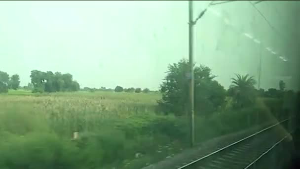 窓からの美しいインドの列車の旅シートビュー ガティマーン エクスプレスで時速160Kmの速度で走っている間 列車の窓の外を見る — ストック動画