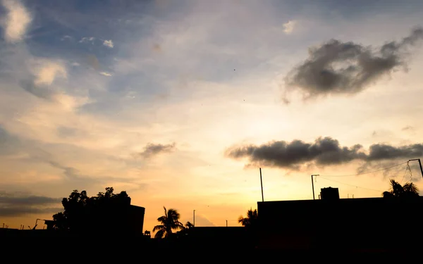 Kolkata Stad Skyline Silhouet Bij Zonsondergang Vlak Voordat Zon Ondergaat — Stockfoto