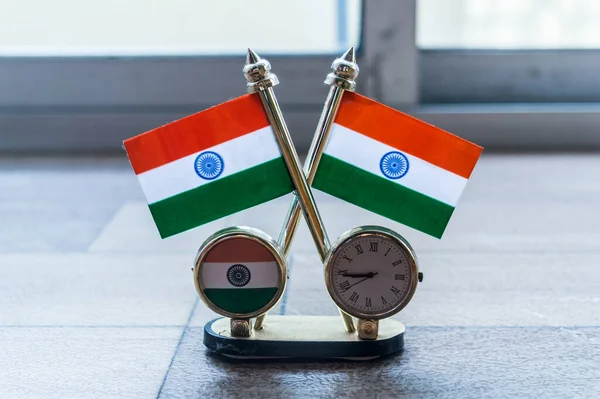 Indické Vlajkové Hodiny Indická Vlajka Vlajka Stolních Hodin Vlajka Zlatými Stock Obrázky