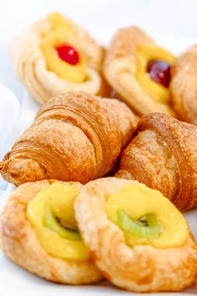 Tasty Beautiful Croissants Jam Various Forms Close Laid Out White — Stock Photo, Image