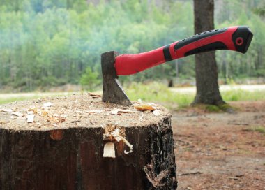 Kırmızı saplı bir balta.