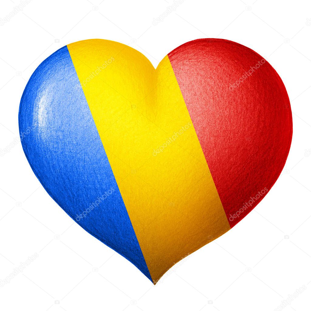 Romanian flag heart isolated on white background. Pencil drawing.