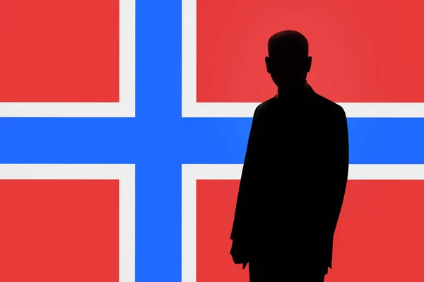 ノルウェーの旗の背景にビジネスマンのシルエット。テキストのためのスペースを持つ、男のシルエット. — ストック写真
