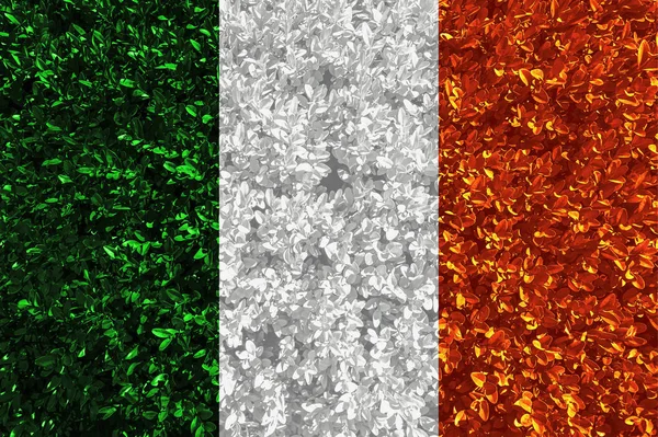 Bandera irlandesa con textura de hojas y arbustos. Fondo de pantalla para la instalación y el diseño. Espacio para texto . —  Fotos de Stock