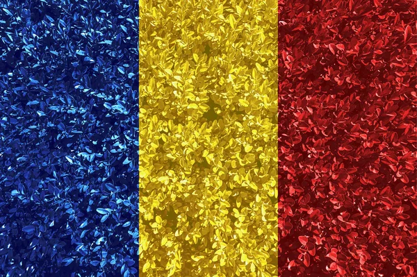 Ρουμανική σημαία με υφή των φύλλων και των θάμνων. Ταπετσαρία υποβάθρου για την εγκατάσταση και σχεδιασμό. Χώρο για το κείμενο. — Φωτογραφία Αρχείου