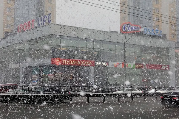 27.03.2019 Украина. Снегопад в середине весны на стриже — стоковое фото