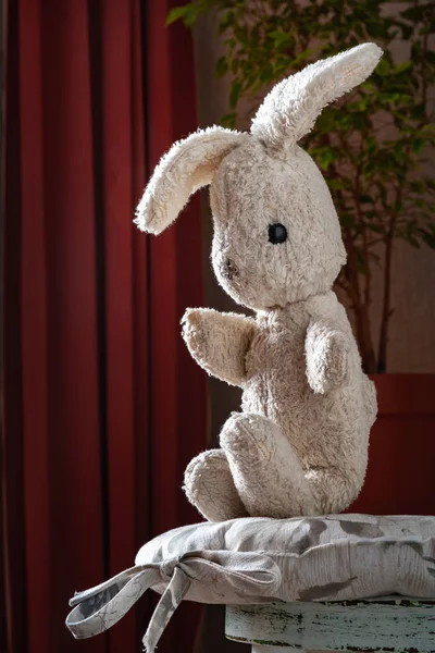 Vintage toy rabbit.Old vintage soft toy hare sits in vintage white chair. — Stock Photo, Image